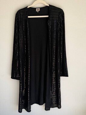 Anne Klein Sequin Duster Jacket Womens M Collarless Open Front Elegant Black